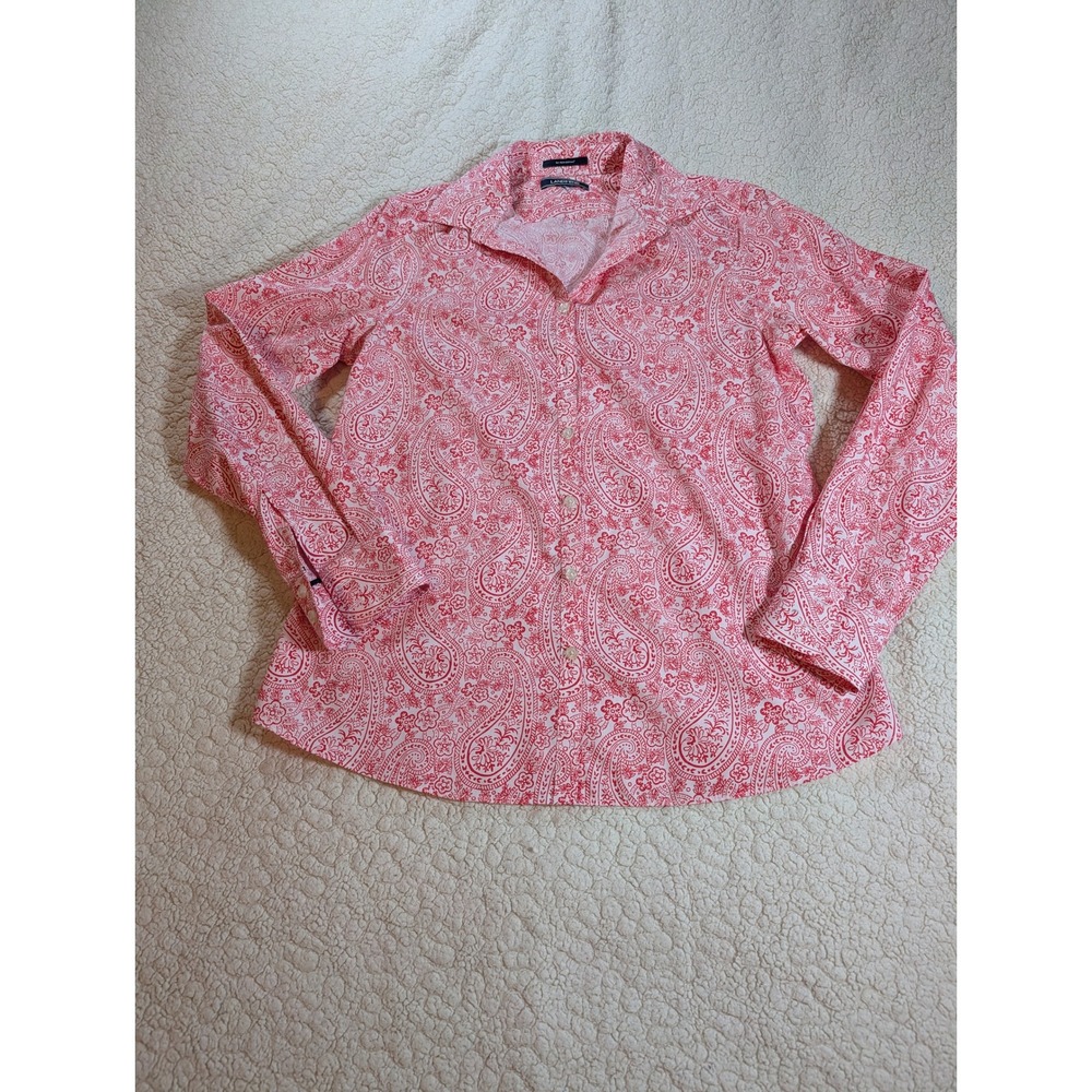 Lands End Womens Red White Paisley No Iron Supima Cotton Button Down Shirt L 16